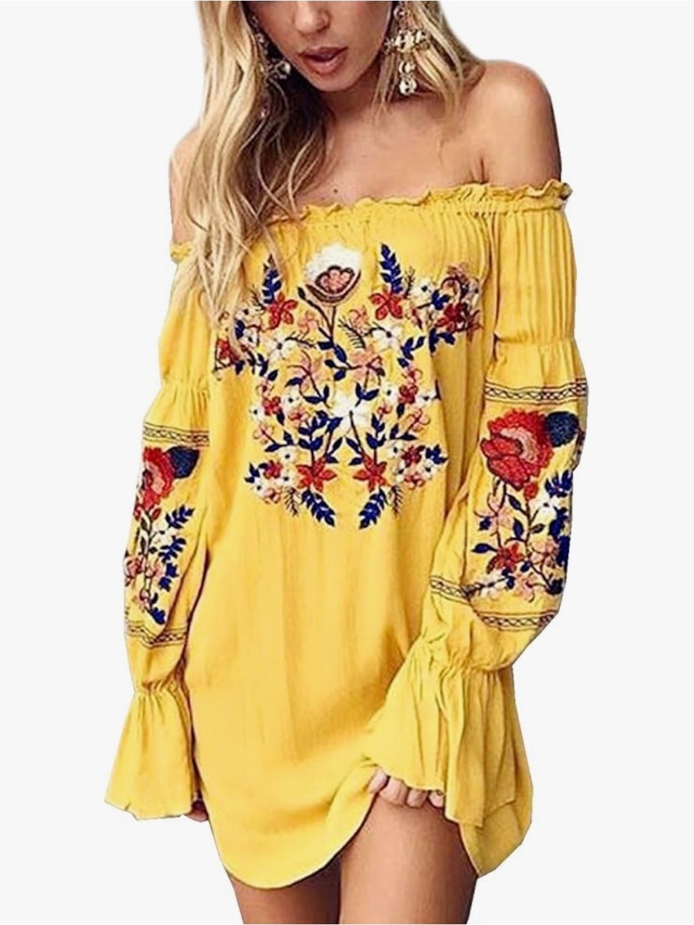 R. Vivimos Floral Embroidery Off Shoulder Long Sleeve Mini Dress XL Yellow Boho